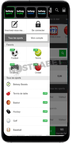 application android betway - navigation