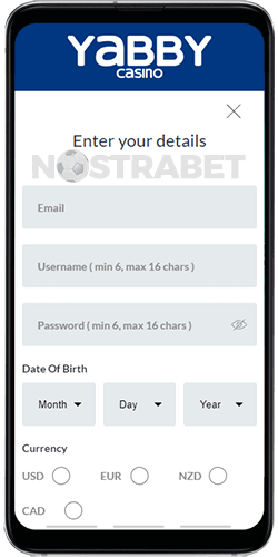 Yabby Casino Android App Registration